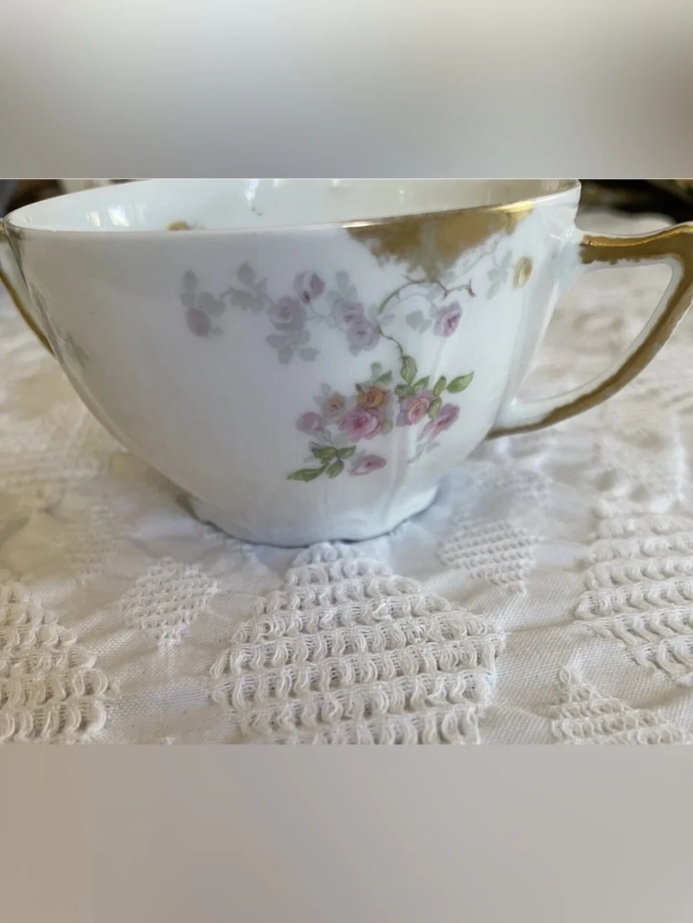 Antique Limoges France floral rose double handled bouillon/soup cup